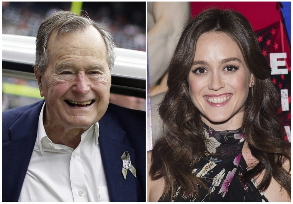 In this combination photo, former president George H.W. Bush appears at an NFL football game in Houston between the Buffalo Bills and the Houston Texans on Nov. 4, 2012, left, and actress Heather Lind appears at AMC's &quot;Turn: Washington's Spies&quot; season three premiere event in New York on April 20, 2016. Lind accused former President George H.W. Bush of touching her from behind while she was posing for a photo alongside him and telling her a dirty joke at a Houston event in 2014. The former president's office apologized Wednesday and offered an explanation. (AP)
