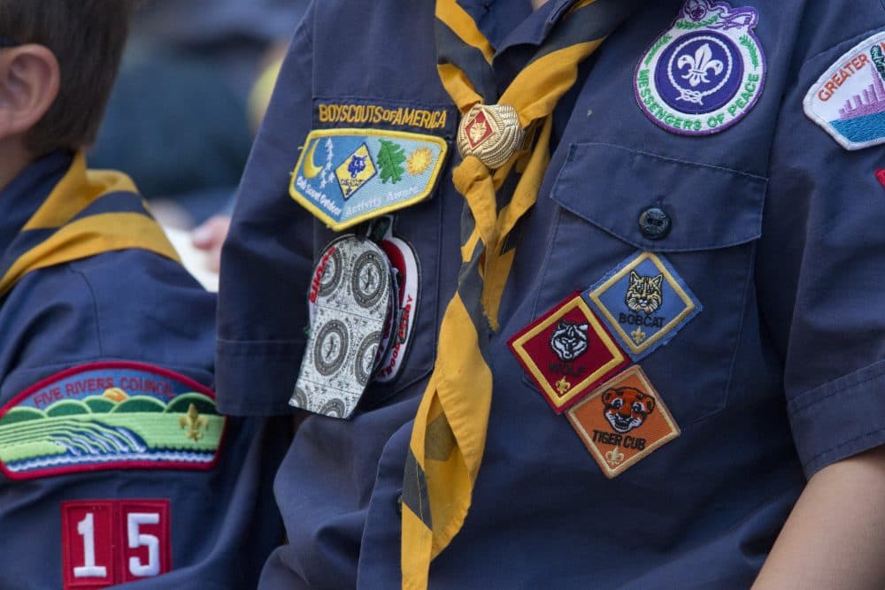 A couple of Cub Scouts watch the race during the Second Annual World Championship Pinewood Derby, Saturday, June 25, 2016, in New York's Times Square. (Mary Altaffer/AP)