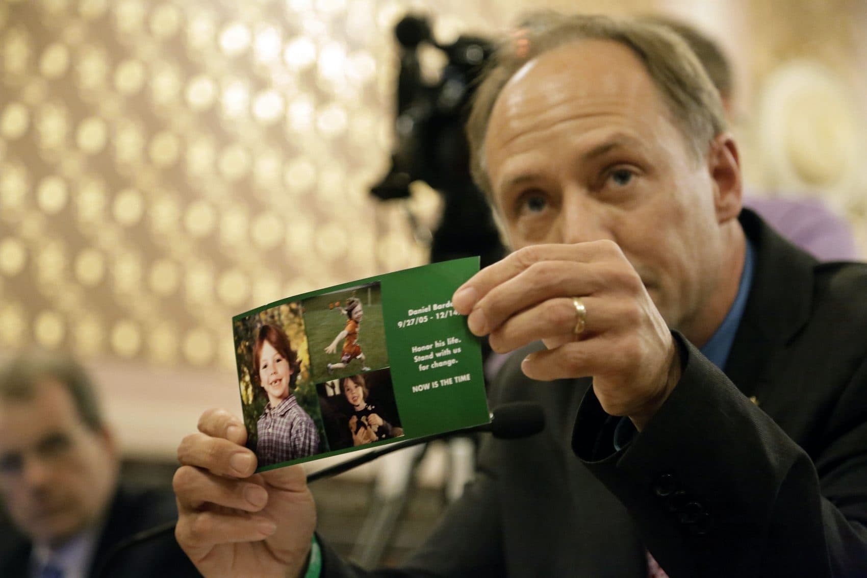 Mark Barden, who lost his son Daniel in the Sandy Hook school shooting in Connecticut, testifies on assault weapon legislation in Illinois in 2013. (Seth Perlman/AP)