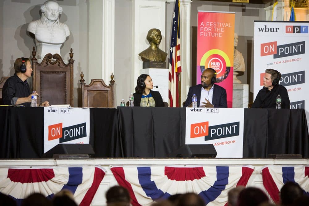 Tom Ashbrook speaks with Celese Ng, Van Jones and Josh Ritter at On Point Live at Faneuil Hall. (Jake Belcher)