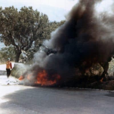 Redman calls this his &quot;Joan of Arc&quot; moment -- as he and his car burn at the Targa Florio. (Brian Redman Collection)