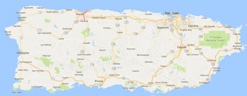 Arecibo is in northwest Puerto Rico (Google Map)