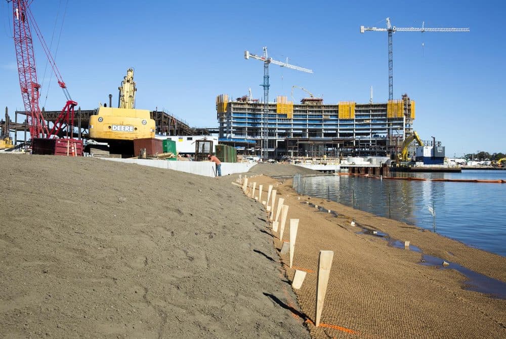 The shore of the Mystic River under rehabilitation at the Wynn construction site. (Robin Lubbock/WBUR)