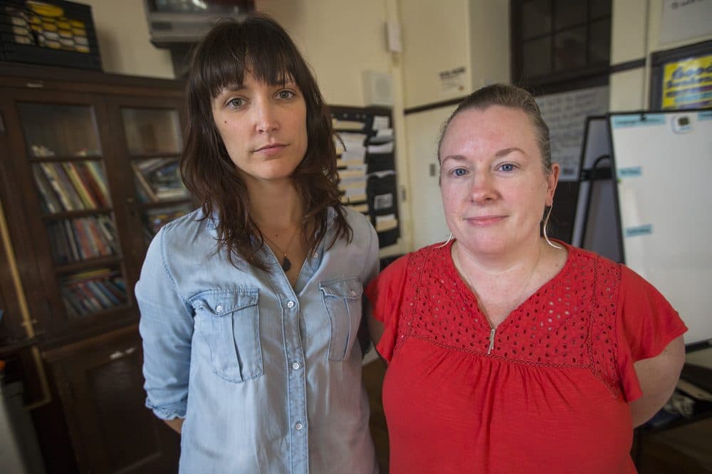 ESL teachers Martha Boisselle, left, and Kristen Leathers of Brighton High School. (Jesse Costa/WBUR)