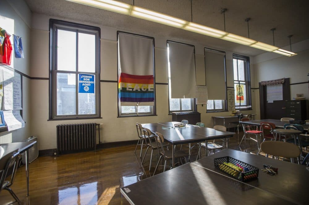 The windows in Martha Boisselle's classroom are missing shades. She has to move her class to another room when she wants to show a film. (Jesse Costa/WBUR)