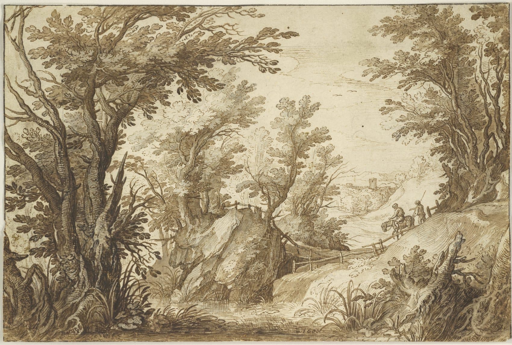 Paul Bril's "Wooded Landscape with Travelers" was drawn around 1600. This drawing is currently one of the 31 on display at the Harvard Art Museums. (Courtesy Harvard Art Museums)