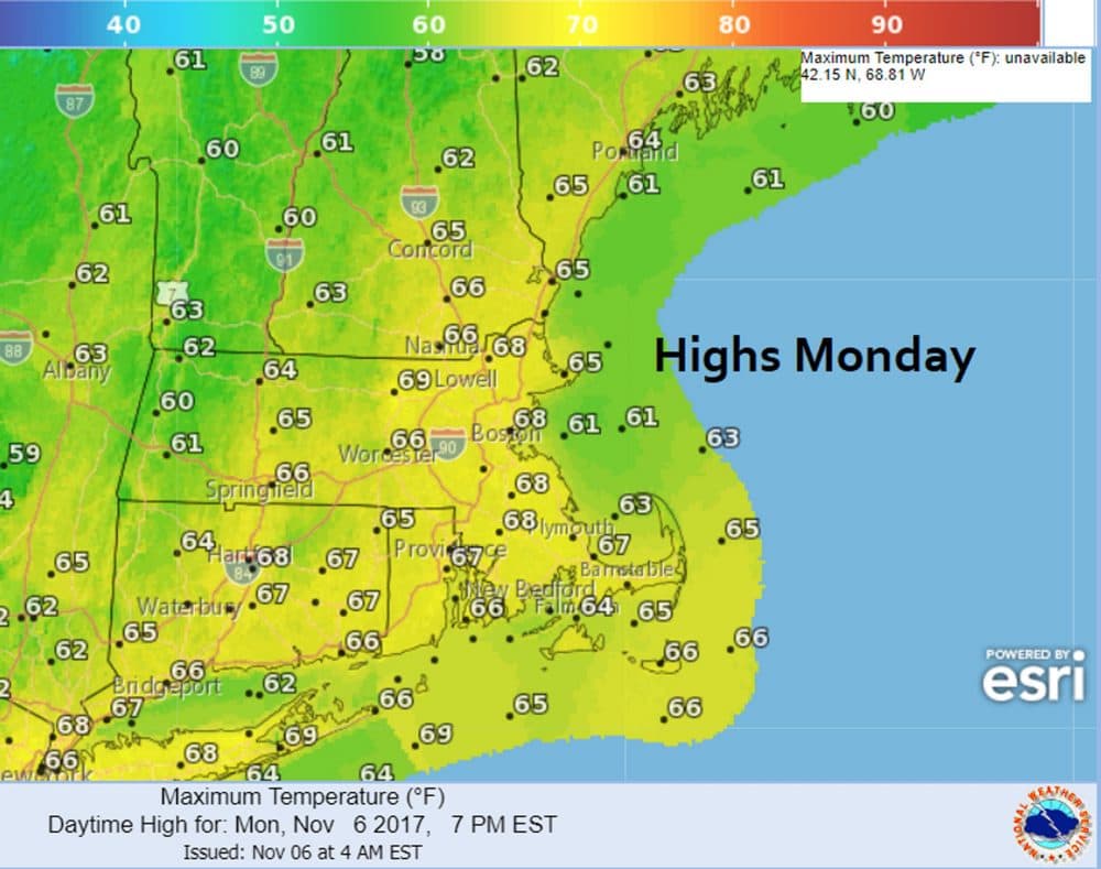 Monday's highs will be unseasonably warm. (Dave Epstein/WBUR)