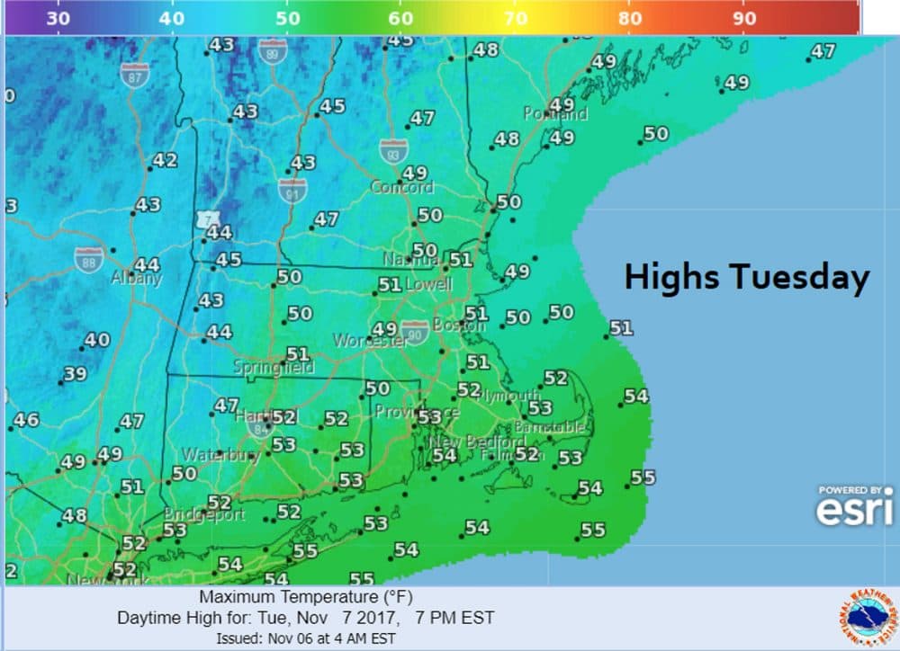 Temperatures will be close to 20 degrees colder Tuesday as compared to Monday. (Dave Epstein/WBUR)