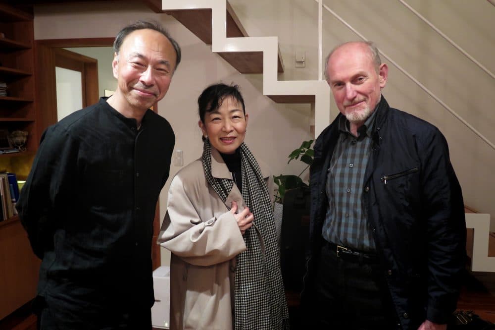 The house's owner Akihito Suzuki, pianist Chikako Shibata and violist Michael Zaretsky. (Andrea Shea/WBUR)
