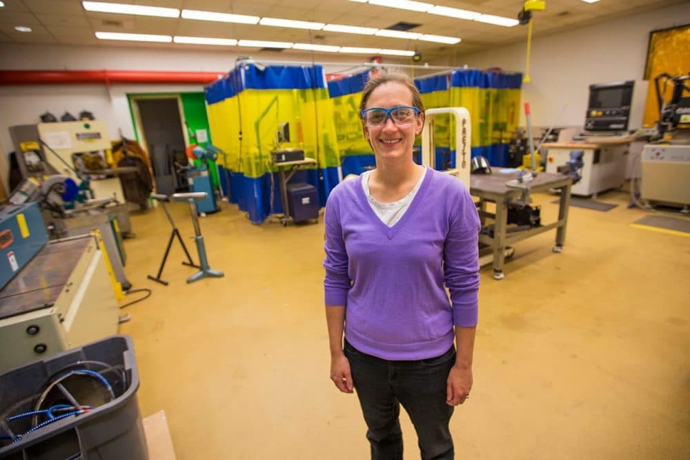 Dr. Daniela Faas, director of design and fabrication operations, in one of the fabrication rooms at Olin College. (Jesse Costa/WBUR)