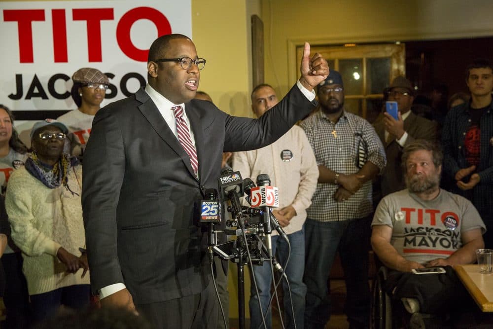 Tito Jackson addresses supporters in Roxbury after conceding the 2017 Boston mayoral race. (Robin Lubbock/WBUR)