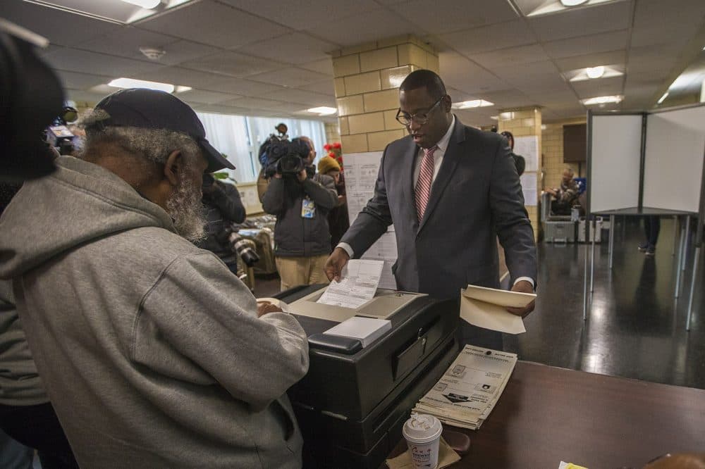 Boston mayoral candidate Tito Jackson casts his ballot at the Holgate Apartments on Election Day. (Jesse Costa/WBUR)