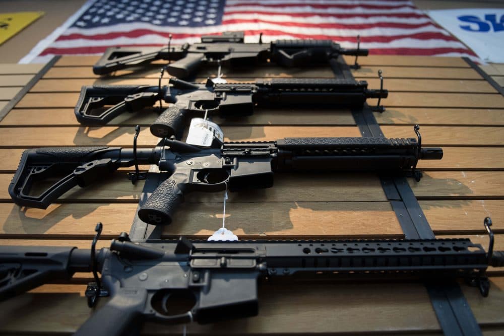 Assault rifles hang on the wall for sale at Blue Ridge Arsenal in Chantilly, Virginia, on Oct. 6, 2017. (Jim Watson/AFP/Getty Images)