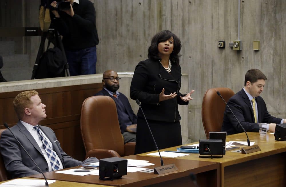 Boston City Councilor Ayanna Pressley stands to speak during a meeting at City Hall in Boston on Jan. 13, 2016. (Elise Amendola/AP)