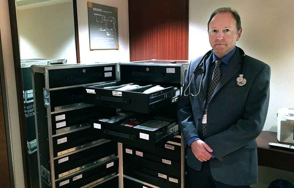 Dr. Robert Partidge, the BSO's tour physician, with his medicine trunk. (Andrea Shea/WBUR)