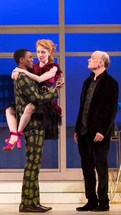 Gabriel Brown as Valère, Sarah Oakes Muirhead as Mariane and Frank Wood as Orgon in &quot;Tartuffe.&quot; (Courtesy T. Charles Erickson/Huntington Theatre Company)