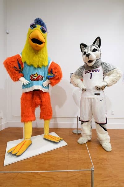 The Famous San Diego Chicken (left), built in 1979 and performed by Ted Giannoulas, and Jonathan the Husky from the University of Connecticut. Bell says Giannoulas &quot;invented the modern comic, improvising, dancing mascot who is goofy and interacts with the team and officials and the audience.” (Courtesy Ballard Institute and Museum)