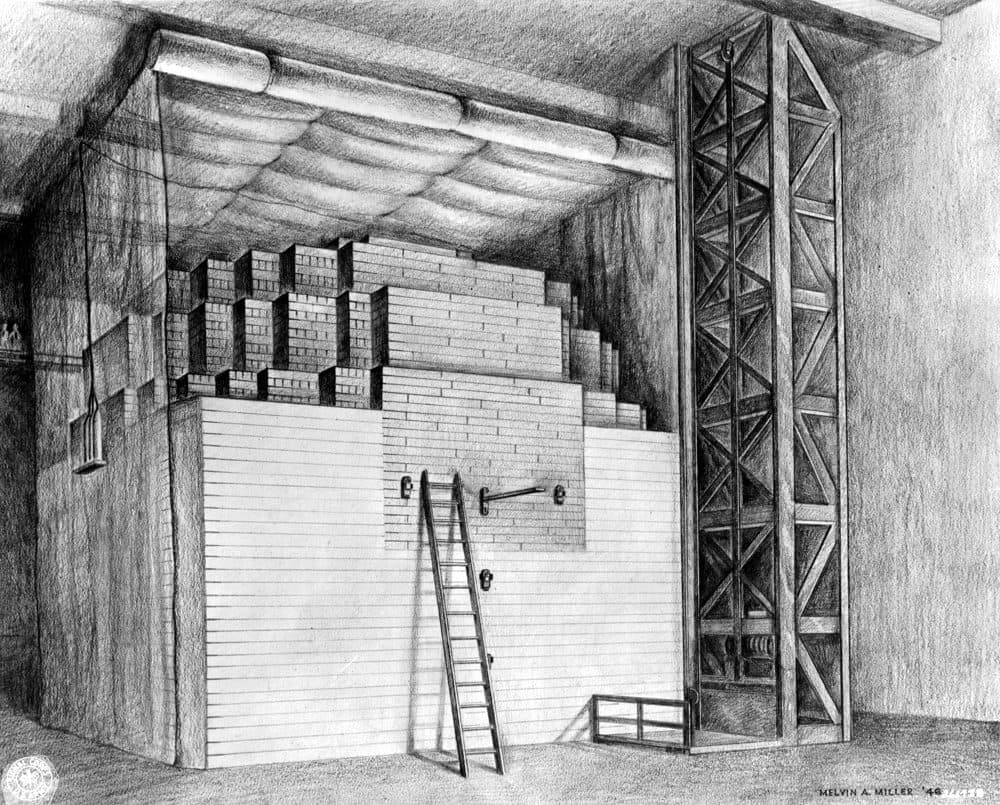 A drawing of Chicago Pile 1, the nuclear reactor which scientists used to achieve the first controlled, self-sustaining chain reaction on Dec. 2, 1942. (Courtesy of Argonne National Laboratory)