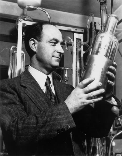 Enrico Fermi, a professor of physics at the University of Chicago and 1938 Nobel Prize winner in physics. Fermi led the team of scientists which succeeded in obtaining the first controlled, self-sustaining nuclear chain reaction on Dec. 2, 1942. The experiment ultimately led to the development of the atomic bomb. (Courtesy of Argonne National Laboratory)