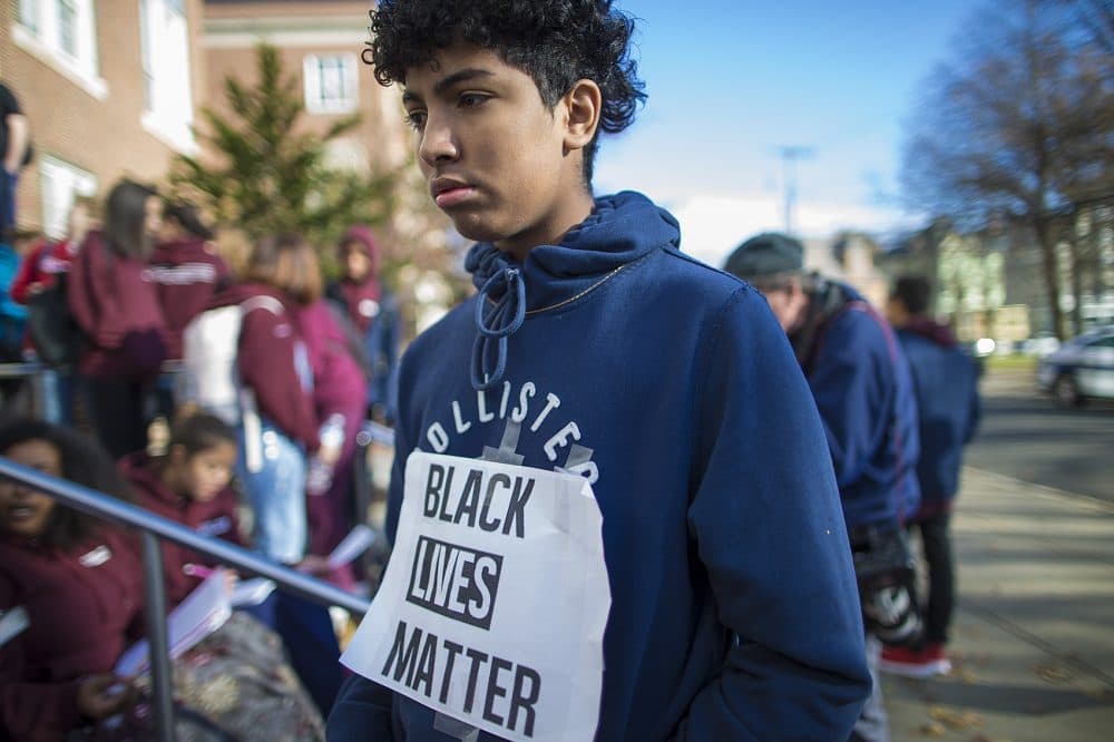 Freshman Ramon Perez, 16, said he participated in the walkout because he was outraged by the racially offensive videos made by some current and former Brookline students. (Jesse Costa/WBUR)
