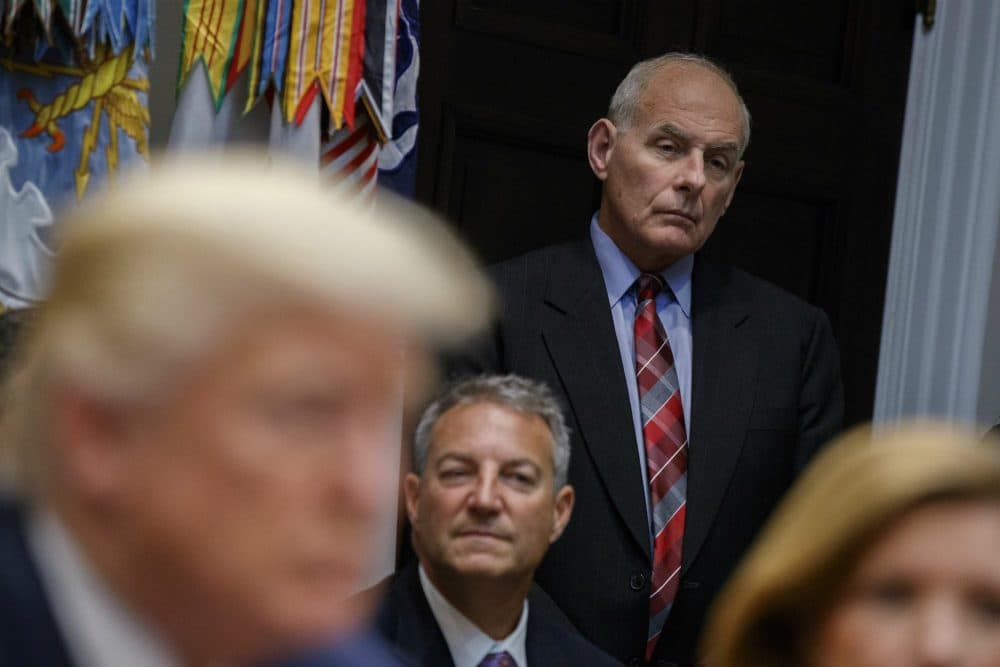 White House chief of staff John Kelly listens as President Donald Trump speaks during a meeting on tax policy with business leaders in the Roosevelt Room of the White House, Tuesday, Oct. 31, 2017, in Washington. (Evan Vucci/AP)