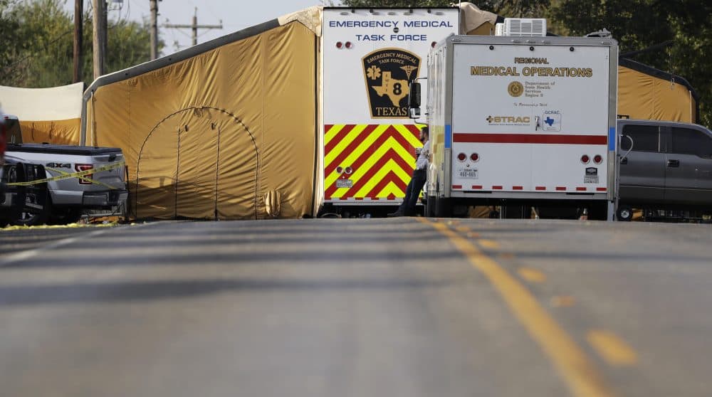 A portable medical facility sits at the scene of a shooting at the First Baptist Church of Sutherland Springs, Monday, Nov. 6, 2017, in Sutherland Springs, Texas. A man opened fire inside the church in the small South Texas community on Sunday, killing more than 20 and wounding many. (Eric Gay/AP)