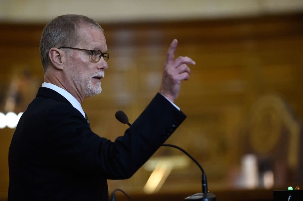 Attorney for Remington Arms James Vogts argues before the state Supreme Court in Hartford, Conn., Tuesday. (Cloe Poisson/The Courant via AP, Pool)