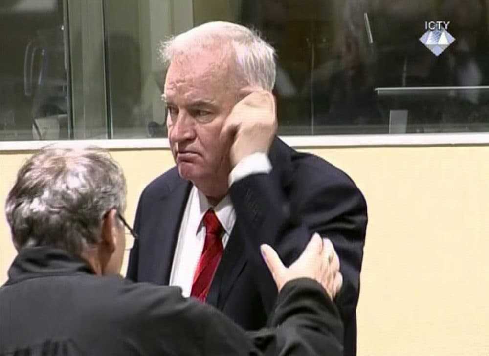 Bosnian Serb military chief Ratko Mladić was ordered out of the courtroom after an angry outburst in the Yugoslav War Crimes Tribunal in The Hague, Netherlands, Wednesday, Nov. 22, 2017. (ICTY via AP)