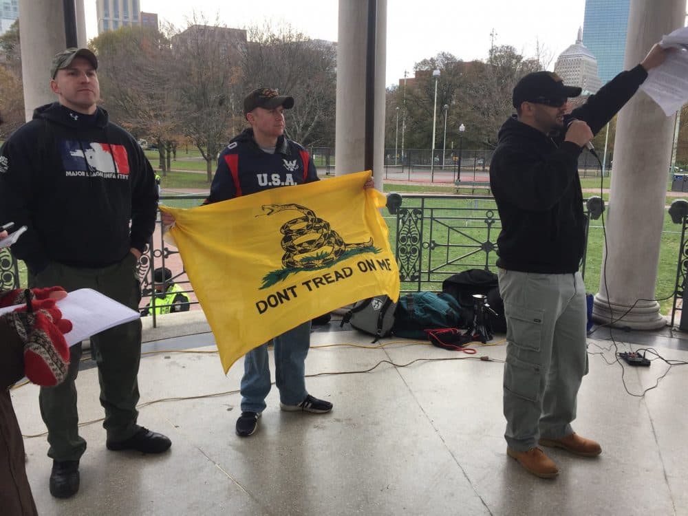 Some of the speakers in the "Anti-Marxist" rally on Boston Common. (Fred Thys/WBUR)