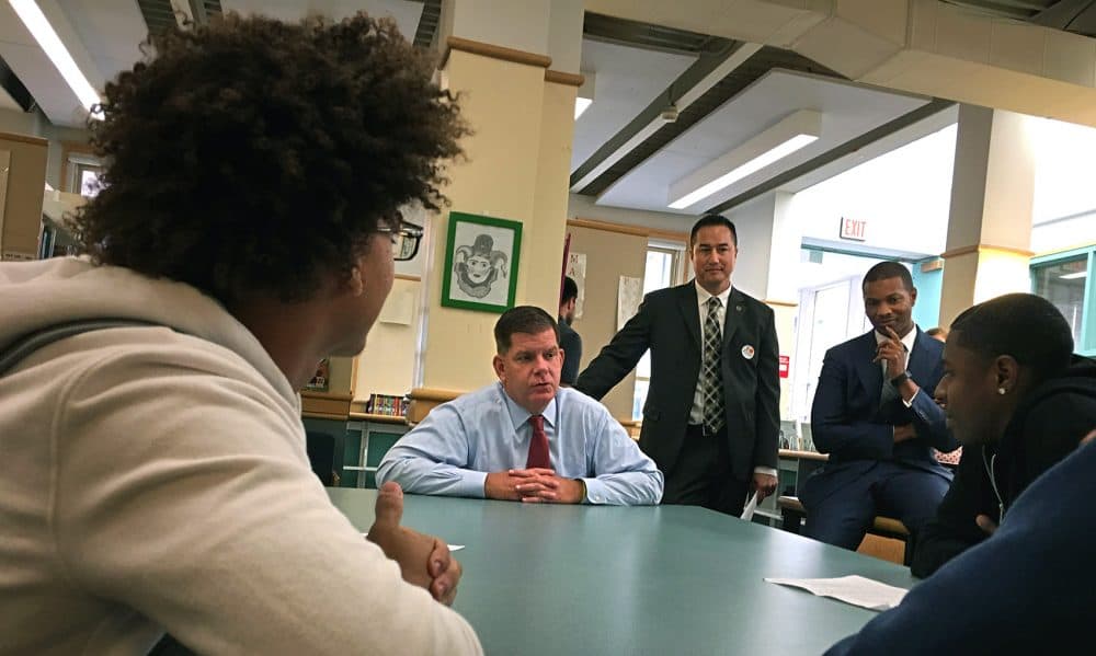 Boston Mayor Marty Walsh meets with students on the first day of school at Excel High School in South Boston. (Max Larkin/WBUR)