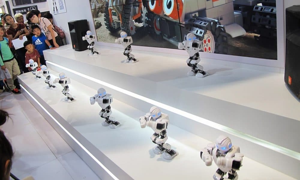 The UBTech humanoid robot dancing troop was one of the most popular exhibits at the World Robot Conference in Beijing. (Asma Khalid/WBUR)