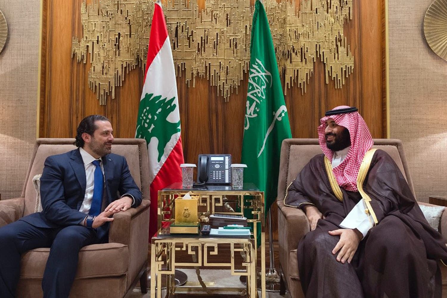 In this Monday, Oct. 30, 2017 file photo, released by Lebanon's official government photographer Saudi Crown Prince Mohammed bin Salman, right, meets with Lebanese Prime Minister Saad Hariri in Riyadh, Saudi Arabia. (Dalati Nohra via AP, File)