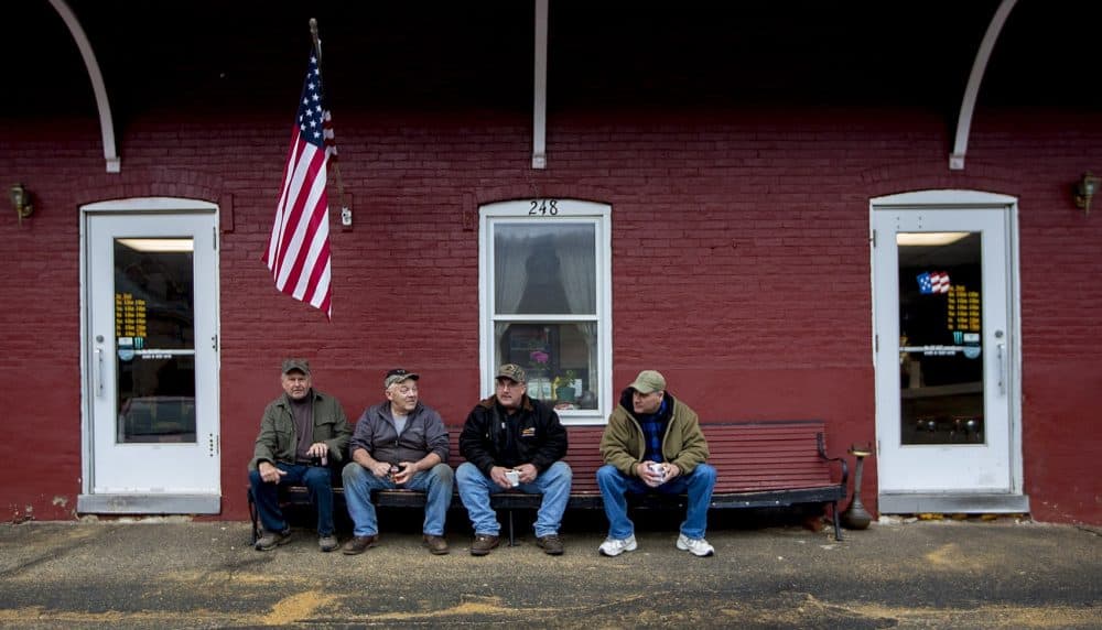 The Whistle Stop Restaurant in Hardwick is the Wednesday morning meeting place for political discussion for Trump supporters from left: Bob Sanderson, Bill Ward, Paul Mailhot and Bob Bousquet. (Jesse Costa/WBUR)
