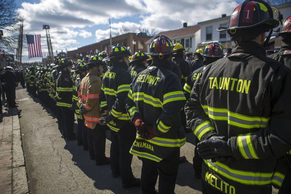 Firefighters from across all of Massachusetts attended the funeral of Joseph Toscano in Watertown. (Jesse Costa/WBUR)