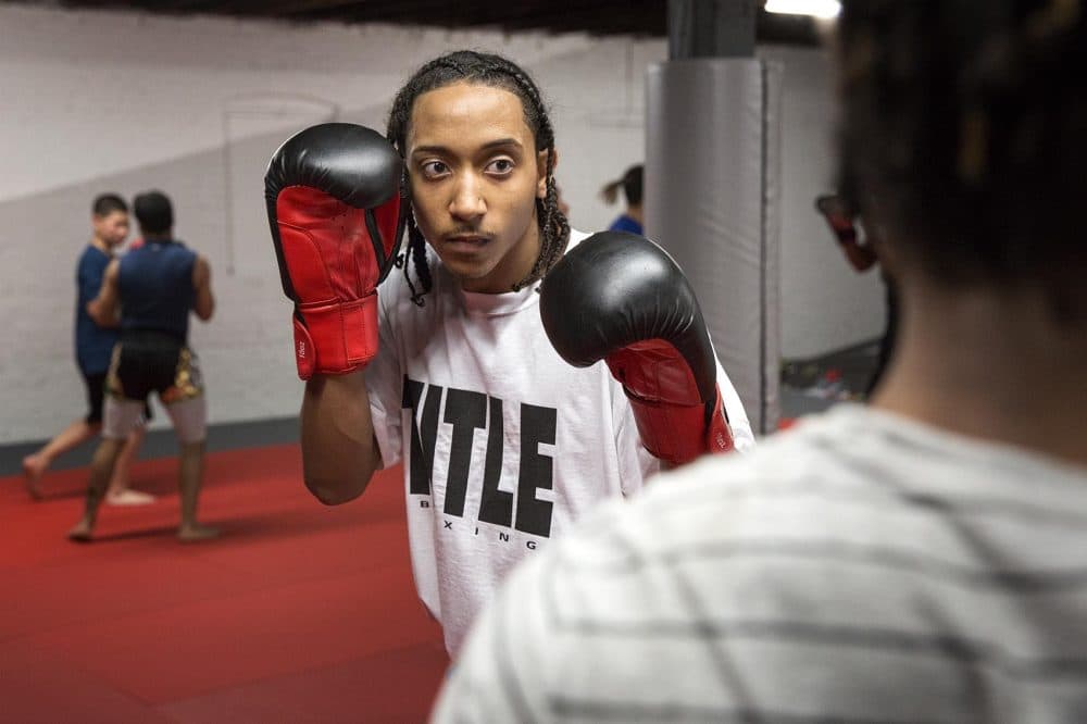 Marc-Anthony Aviles, 19, training at the Level Ground Mixed Martial Arts center in Boston. (Robin Lubbock/WBUR)