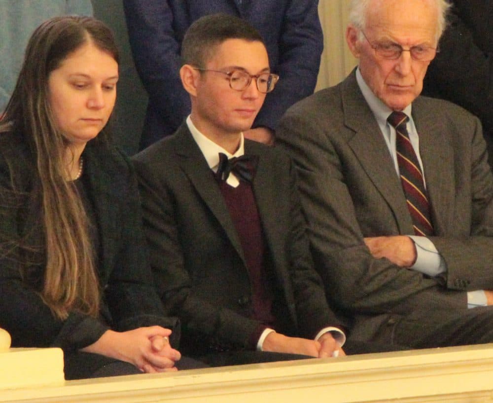 Bryon Hefner, center, watched from the gallery as his partner Stanley Rosenberg was installed as Senate president in 2015. (State House News Service)