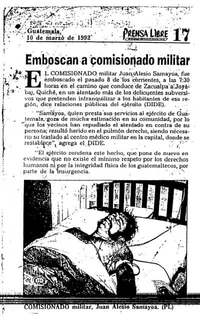 Un recorte de un periódico Guatemalteco hizo parte de la petición de asilo de Juan Samayoa. Según el reportaje, la foto muestra a Samayoa en un hospital en 1992, después que fue atacado por militantes guerrilleros.