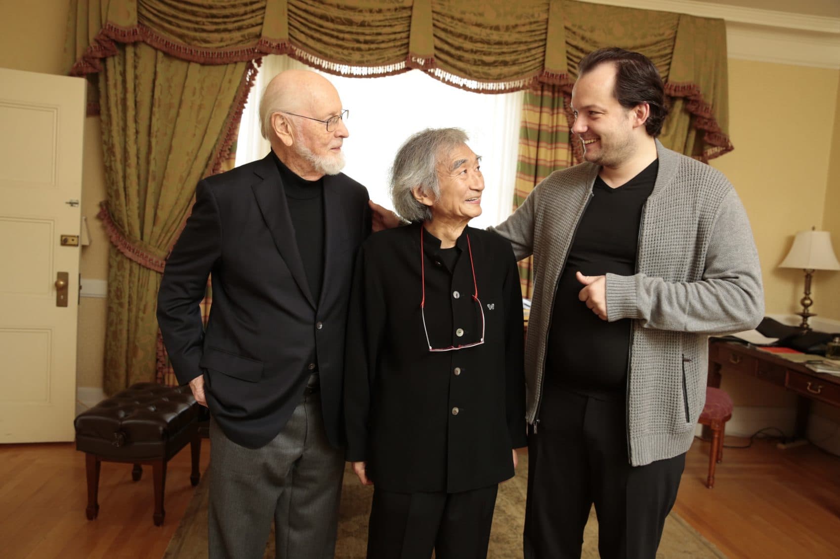 John Williams, Andris Nelsons and Seiji Ozawa meet backstage at Boston's Symphony Hall in November 2015. (Courtesy Michael Blanchard)