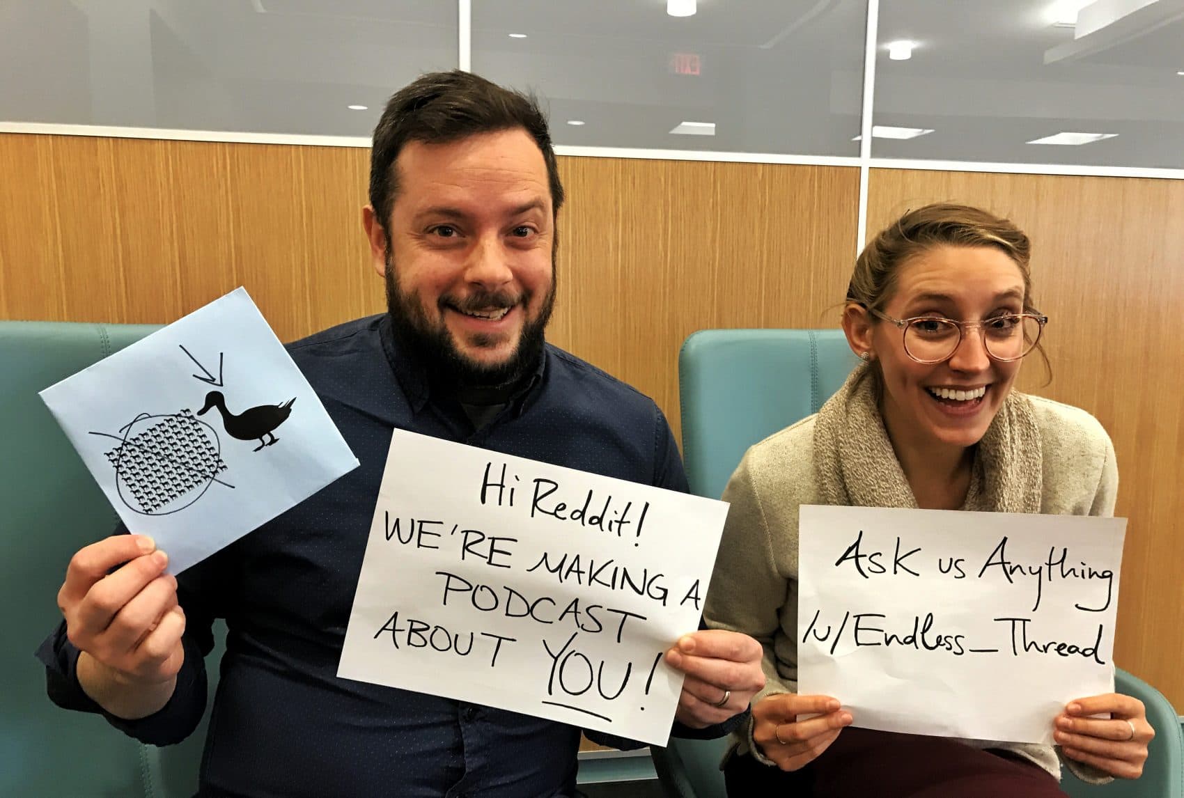 "Endless Thread" host Ben Brock Johnson, left, and producer Amory Sivertson are online and waiting your questions. (Liz Gillis/WBUR)
