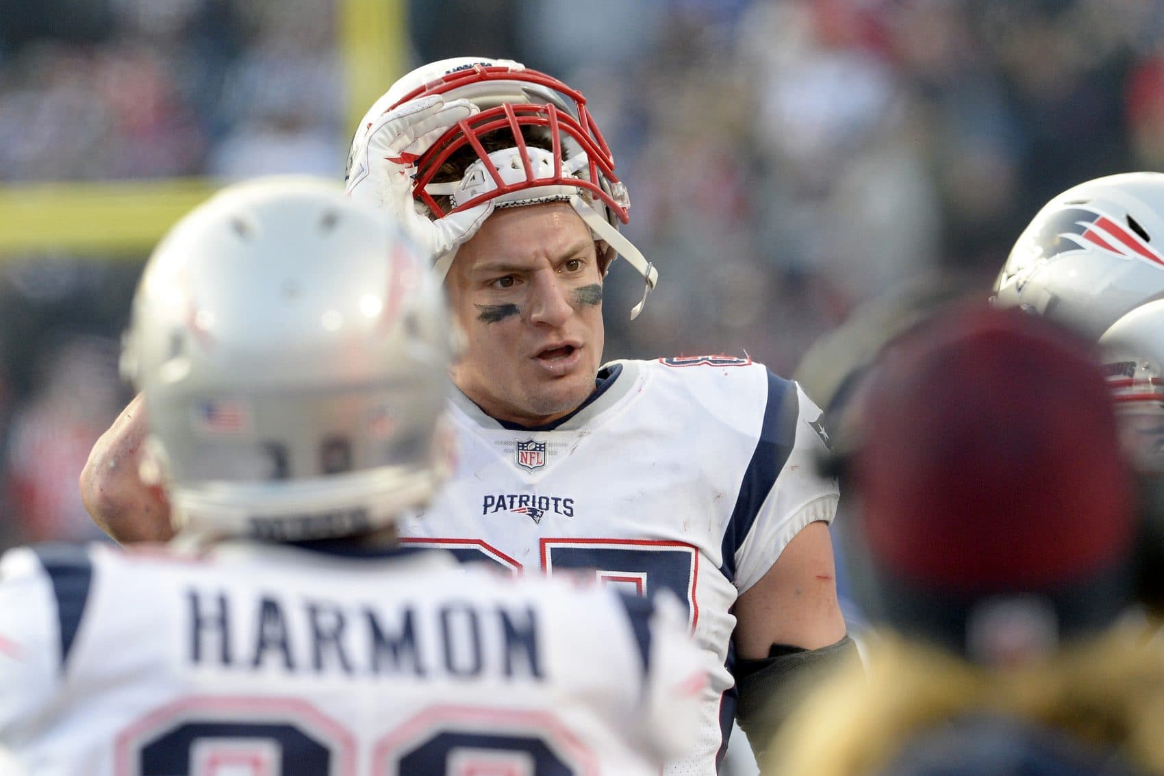 New England Patriots tight end Rob Gronkowski (87) looks on from the sideline after an argument with Buffalo Bills players during the second half of an NFL football game, Sunday, Dec. 3, 2017, in Orchard Park, N.Y. (Adrian Kraus/AP)