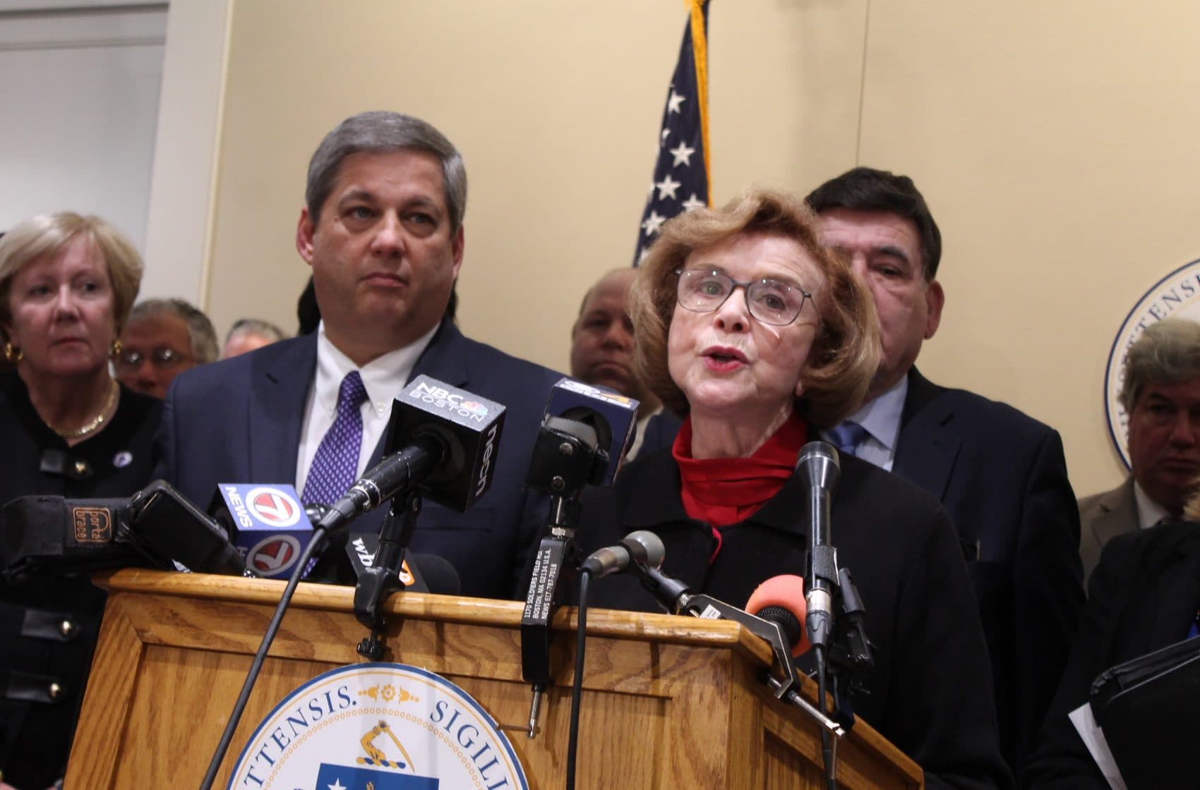 Majority Leader Harriette Chandler and Minority Leader Bruce Tarr talked to the press, backed up by most of their fellow members, following a marathon set of caucuses Monday that determined Chandler would be elected acting Senate president. (Sam Doran/SHNS)