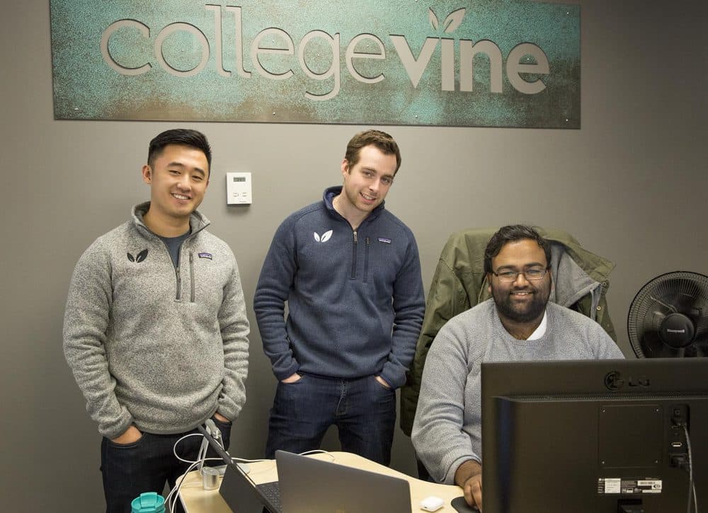 CollegeVine co-founders, from left, Johan Zhang, Zack Perkins and Vinay Bhaskara, at the company's offices in Cambridge. (Robin Lubbock/WBUR)
