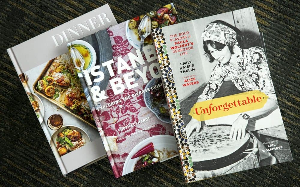 Chef Kathy Gunst's top three cookbook picks for 2017 (left to right): &quot;Dinner: Changing the Game,&quot; by Melissa Clark and Eric Wolfinger; &quot;Istanbul & Beyond: Exploring the Diverse Cuisines of Turkey,&quot; by Robyn Eckhardt and David Hagerman; &quot;Unforgettable: The Bold Flavors of Paula Wolfert's Renegade Life,&quot; by Emily Kaiser Thelin, Andrea Nguyen, Eric Wolfinger and Toni Tajima. (Robin Lubbock/WBUR)
