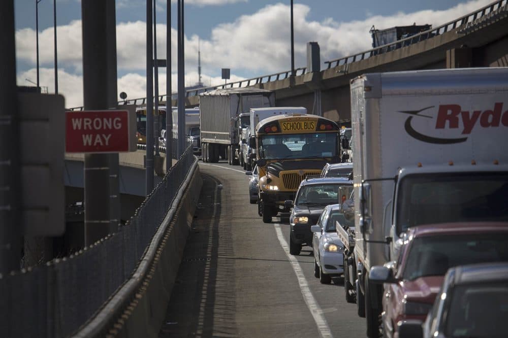 Traffic on the Sullivan Square off-ramp from Interstate 93 on to Cambridge Street in Charlestown at a standstill. (Jesse Costa/WBUR)