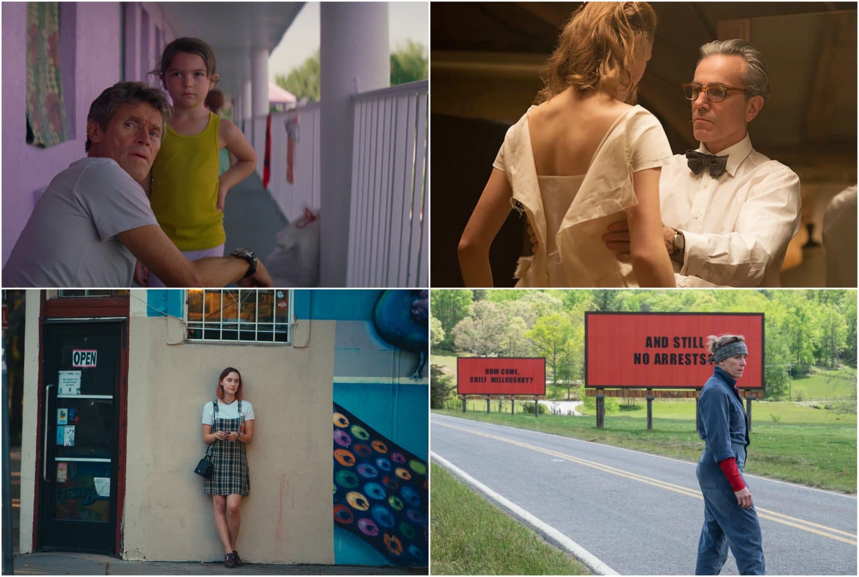 Scenes from "The Florida Project," "Phantom Thread," "Lady Bird" and "Three Billboards Outside Ebbing, Missouri." (Courtesy A24, Focus Feautres, Fox Searchlight Pictures)