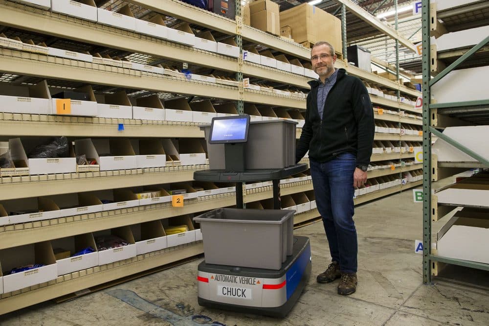Jerome Dubois co-founded 6 River Systems, a company that creates robots for e-commerce warehouses and fulfillment centers. (Jesse Costa/WBUR)
