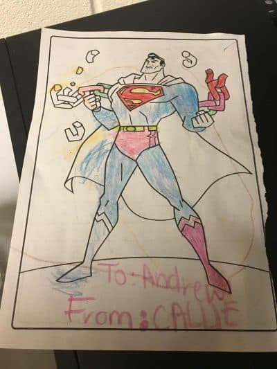 Andrew Enos says he still keeps in touch with one of the families that he met in Texas while helping at a shelter after Hurricane Harvey. On his last day there, a 3-year-old girl he met named Callie presented him with a picture of Superman that she and her mom colored for him. (Courtesy Andrew Enos)