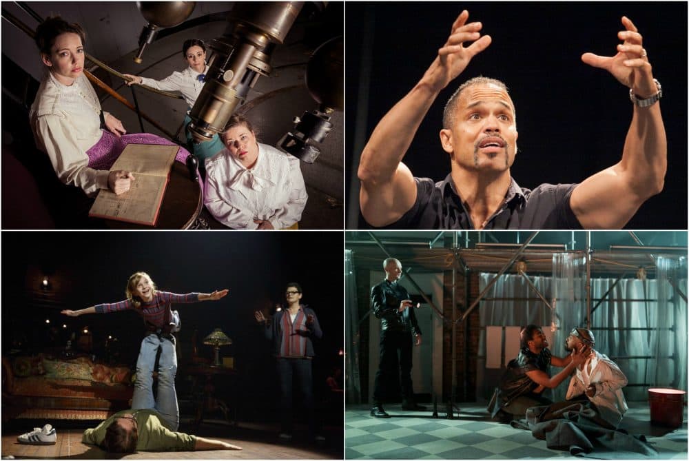 Scenes from "Silent Sky," "American Moor," "Fun Home" and "Edward II." (Courtesy of the theater companies)