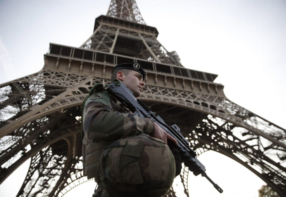 A French soldier patrols in front of the Eiffel Tower on Nov. 1, 2017, in Paris. (Christian Hartmann/AFP/Getty Images)