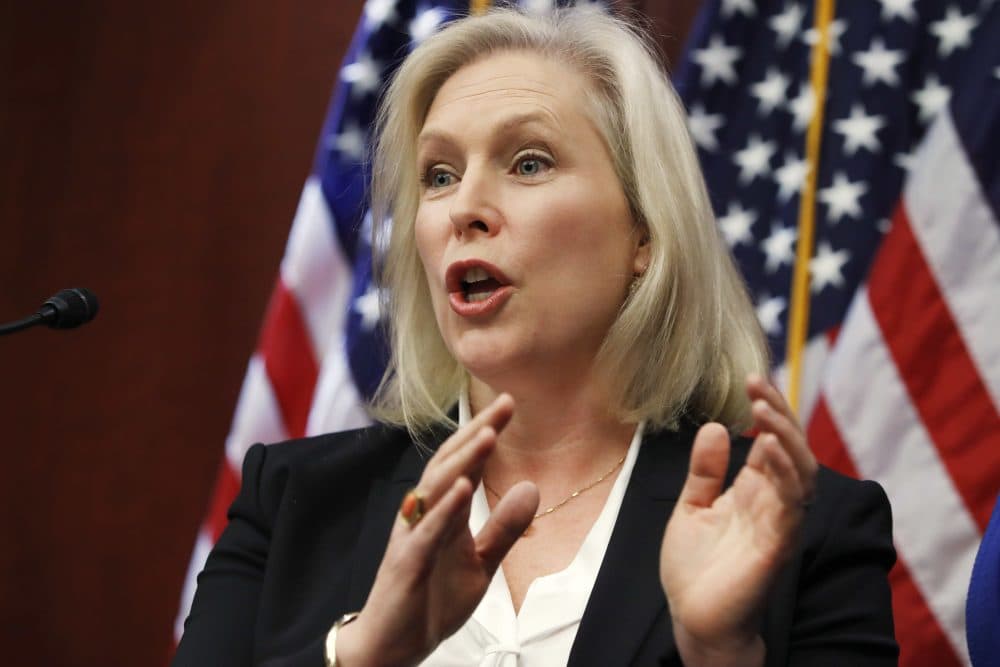 Sen. Kirsten Gillibrand, D-N.Y., answers a question about her statement on Sen. Al Franken, D-Minn., at the end of a news conference on sexual harassment in the workplace on Wednesday. (Jacquelyn Martin/AP)